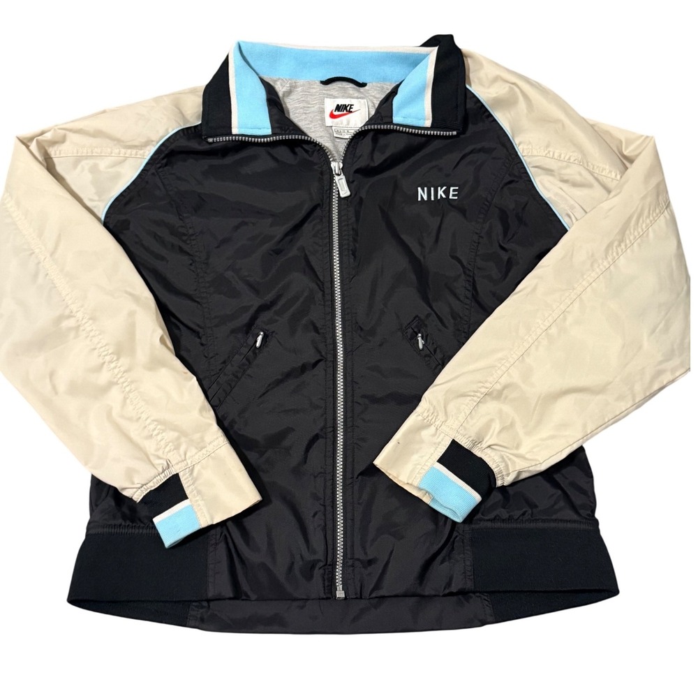 Vintage Nike Windbreaker Jacket‎ Kids Size M (8-10) Full Zip Black Beige Blue